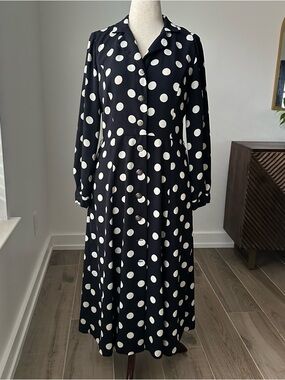 Vintage Leslie Fay Polka Dot Long Sleeve Black Dress with White Dots